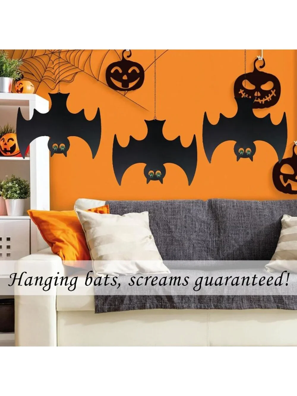 3PCS Metal Bats Hanging Decor Halloween Glowing Eyes Waterproof Patio Balcony